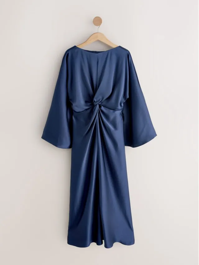 Next Dames - Maxi-jurk van satijn met gedraaide voorkant en lange mouwen - Blauw Navy Blue