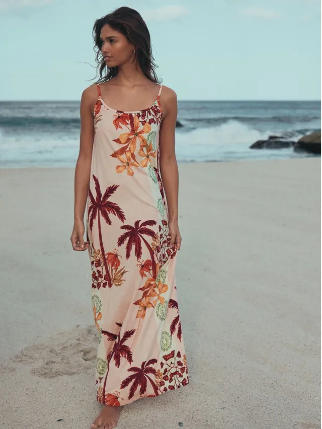 Next Dames - Maxi Lengte Trapeze Vorm met Ruched Hals Dunne Vest Jurk - Oranje Pink Palm Print