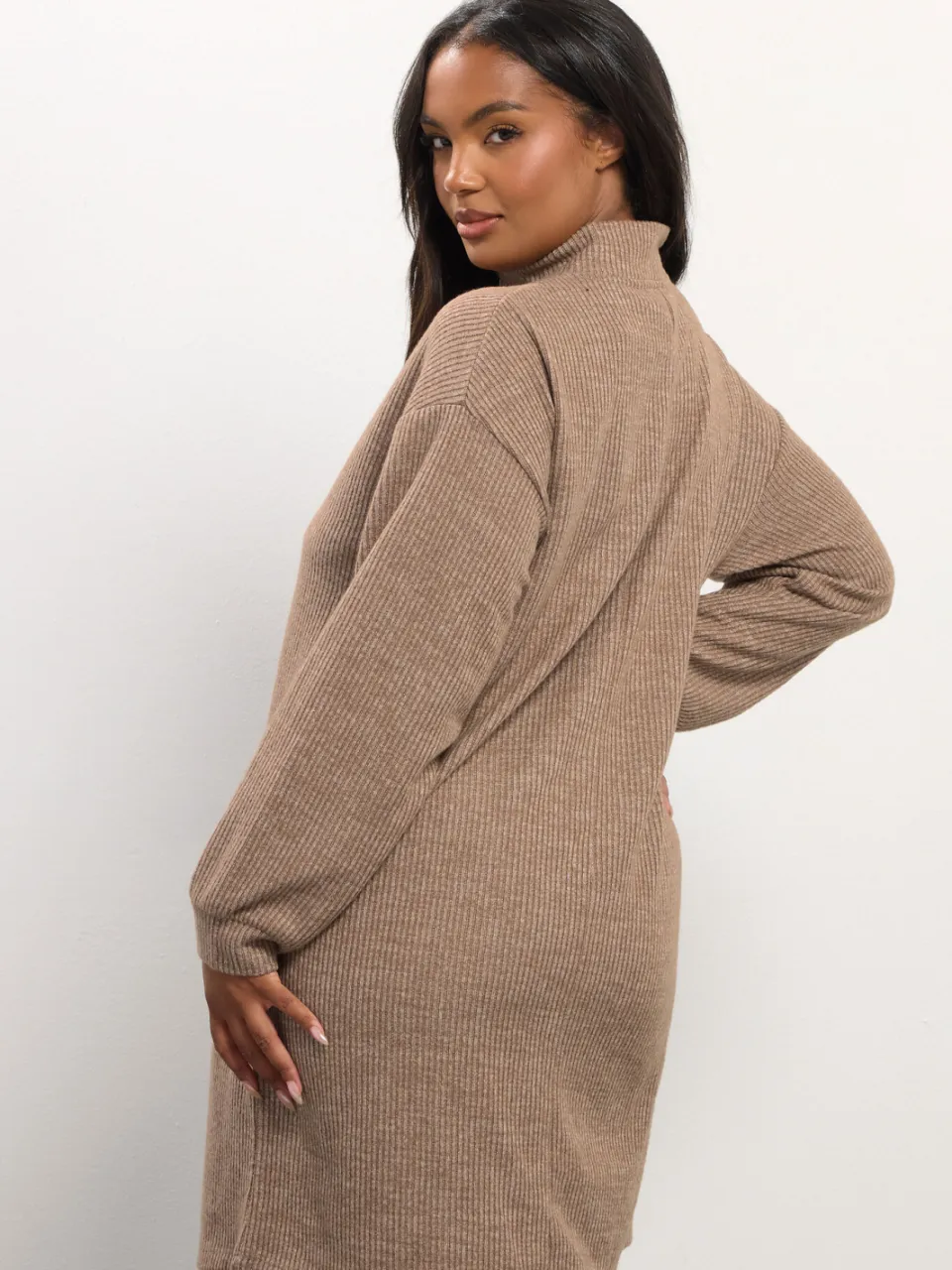 Yours Natuurbruin Geribbelde Quarter Zip Jumper Dress-52 bruin, foto 3