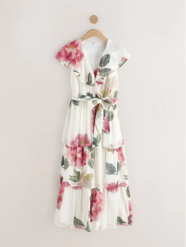 Next Dames - Midi-jurk met ruches en V-hals, voor speciale gelegenheden, petite - Petite - Crème Ecru Floral Print