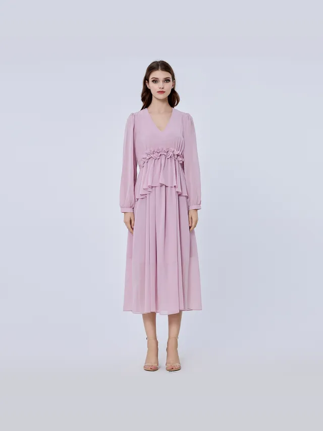 S&J Weekends Lange ruche chiffon jurk Roze
