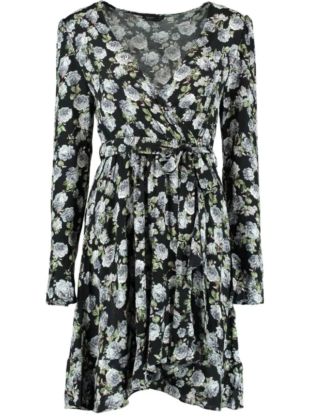 Colourful Rebel Mini jurken 9028 ziggy flower mini wrap zwart dessin