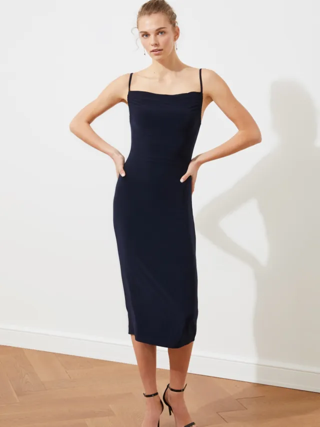 Trendyol Vrouw/Meisje Col nek Bodycon Midi Jurk Blauw