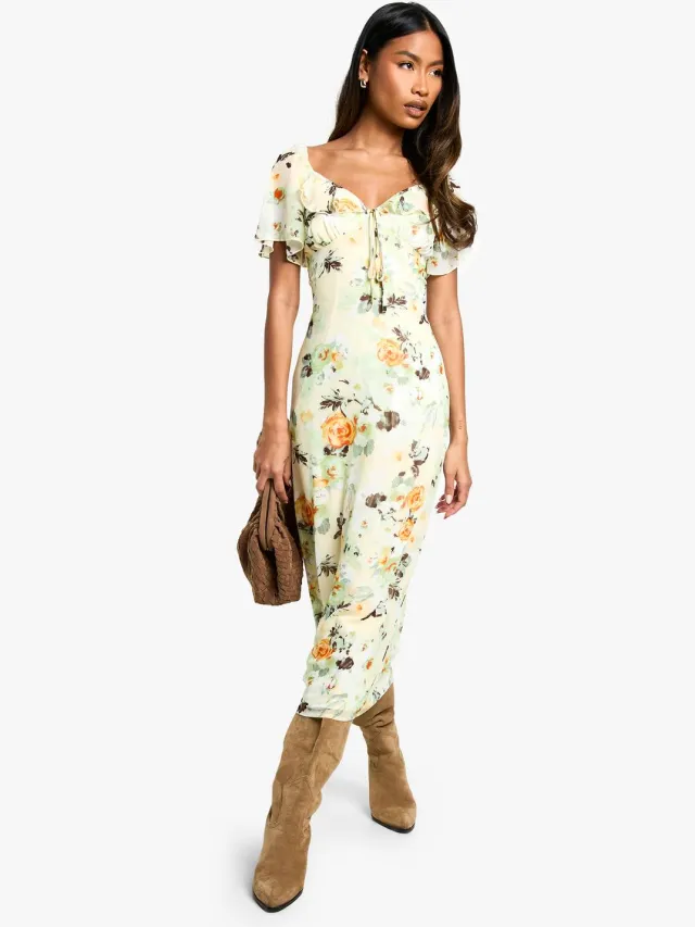 boohoo Dames Floral Angel Sleeve Midaxi Jurk Citroen
