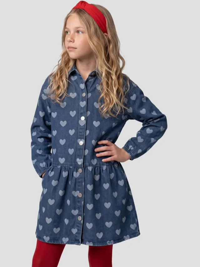 Me & My Monkey spijkerjurk met hartjesprint donkerblauw Donkerblauw/lichtblauw