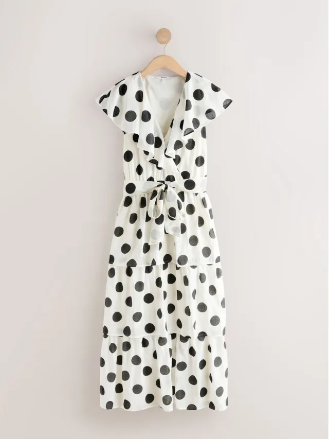 Next Dames - Midi-jurk met ruches en V-hals, voor speciale gelegenheden, petite - Petite - Crème Ecru/Black Polka Dot