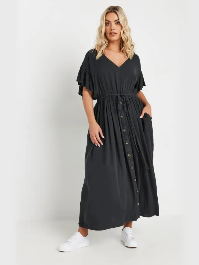 Yours Chambray Maxi Jurk Met Korte Mouwen En Knoopdetail In Zwart-52 Black