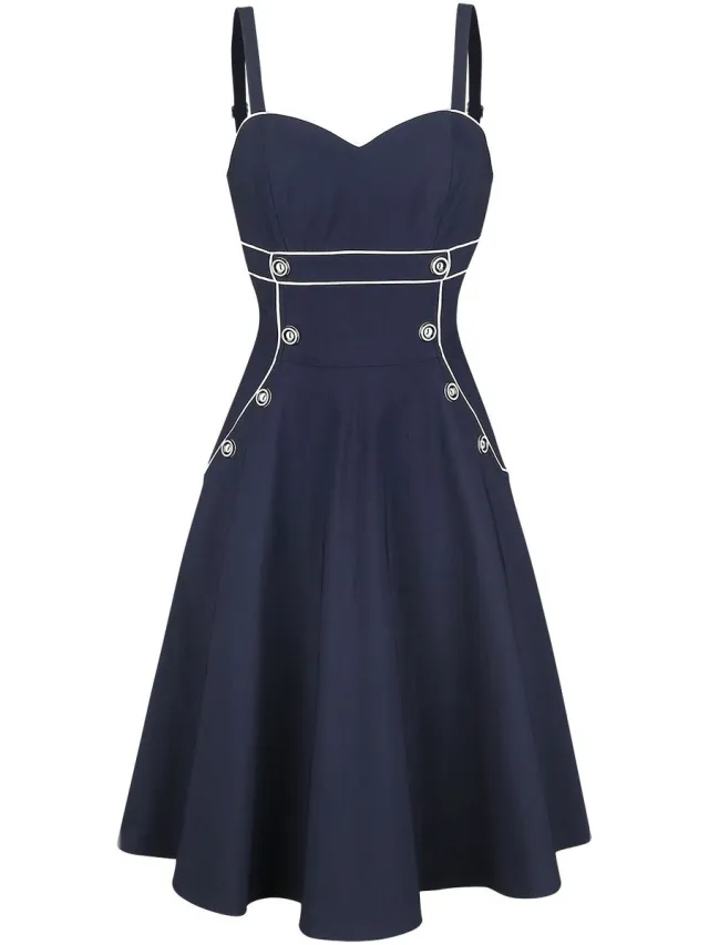 Voodoo Vixen Claudia Nautical Flared Dames Midi-jurk - marineblauw