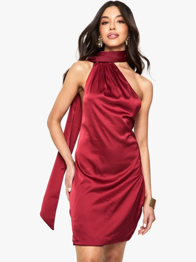 boohoo Dames Premium satijnen jurk met sjaaldetail Rood