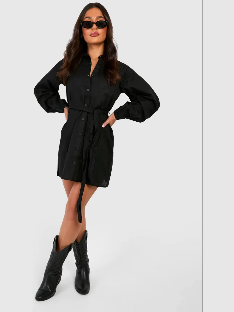 boohoo Dames Petite Linnen-look Overhemdjurk met Ceintuur zwart, foto 2