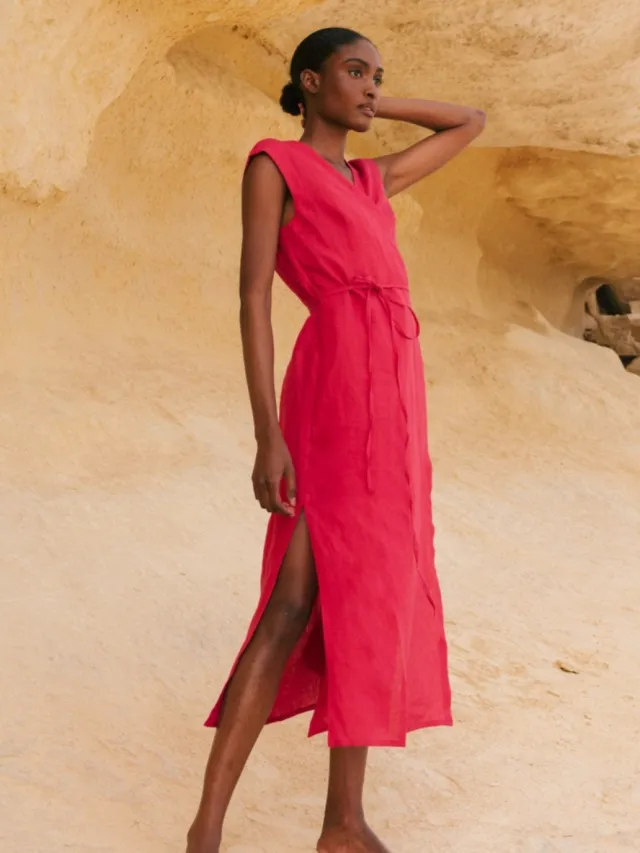 AmourLinen dames vegan Overslagjurk Aurora Viva Magenta Donkerroze
