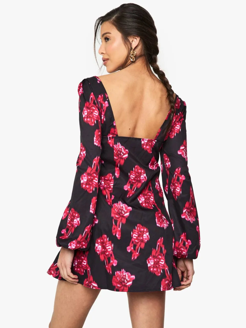 boohoo Dames Blur Bloemen Melkmeisje Mini Jurk zwart, foto 2