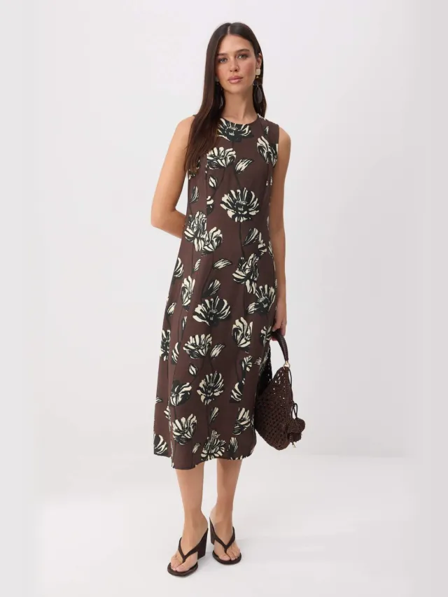 Trendyol TRENDYOLMİLLA Dames Bruin Bloemen Midi Mouwloos A-lijn Jurken