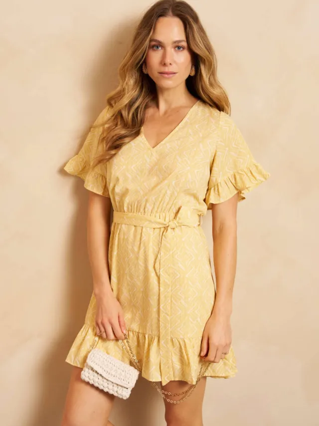 Lofty Manner korte zomerjurk met ruches en print - geel