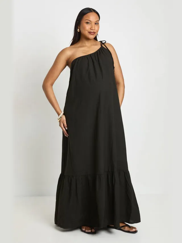 boohoo Dames Zwangerschaps Geplooide Maxi-jurk Met Kralentouw En Éen Schouder Zwart