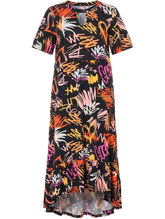 Angel of Style Dames - Jersey maxi-jurk graffitipatroon vlindermouwen - Zwart