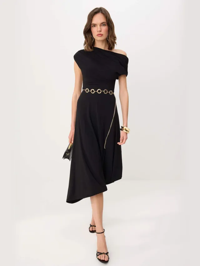 Trendyol TRENDYOLMİLLA Dames Zwart Effen Midi Kort Asymmetrisch Jurken