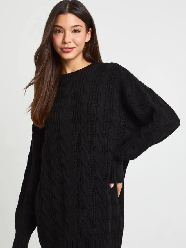 boohoo Dames Grofgebreide Kabeltrui-jurk Zwart