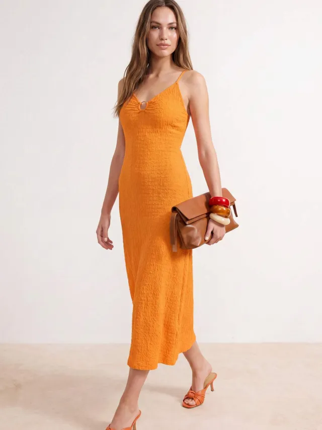 Trendyol TRENDYOLMİLLA Dames Oranje Effen Maxi Mouwloos Bodycon Jurken