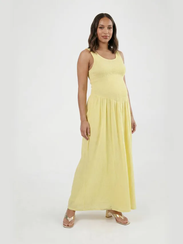 boohoo Dames Zwangerschaps Katoenen Gaas Jurk Met Gesmokt Lijfje En Skater Maxi Rok Citroen