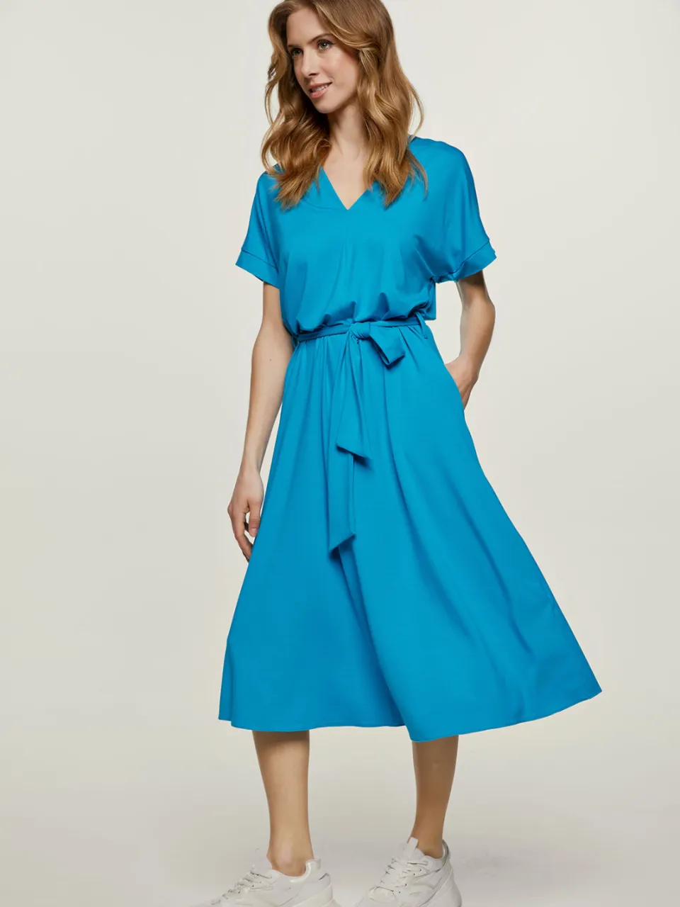 Conquista Turkoois jersey midi-jurk met riem Turquoise