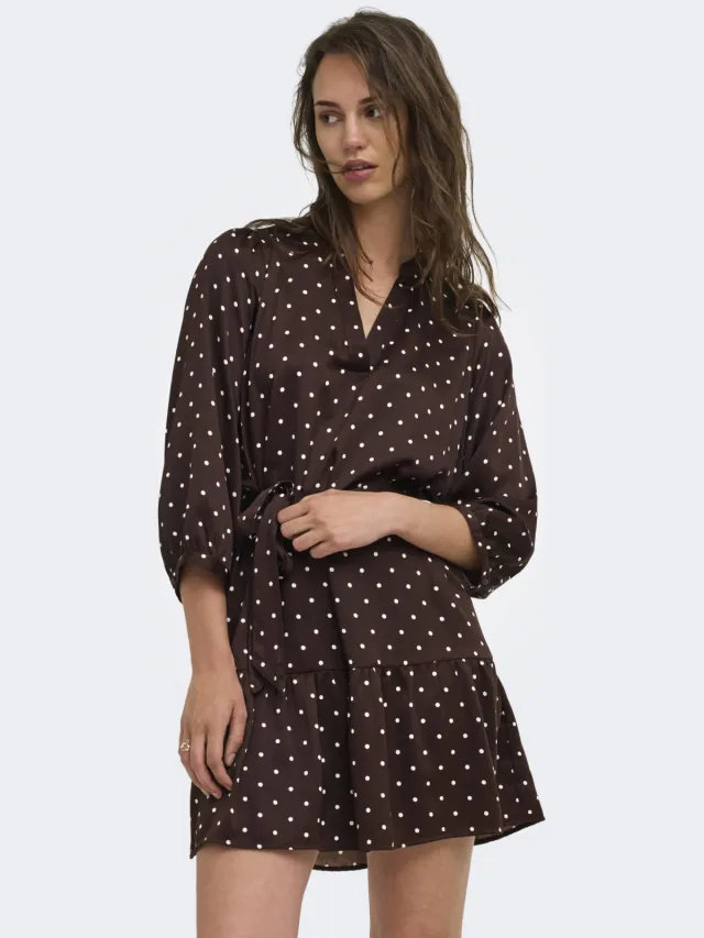 Only mini jurk met ceintuur en stippen - bruin