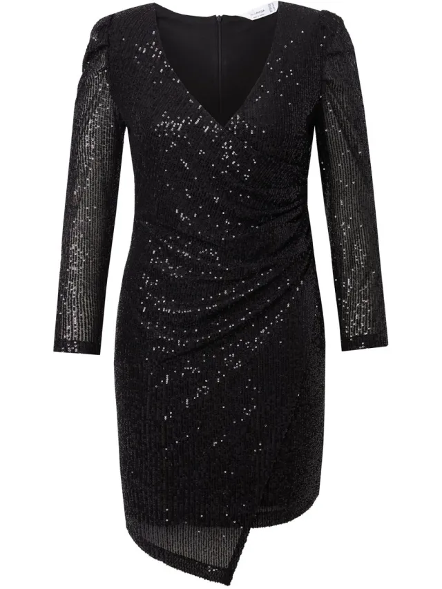 MIAMODA Dames - Jurk wikkellook glitter lange pofmouw - Zwart