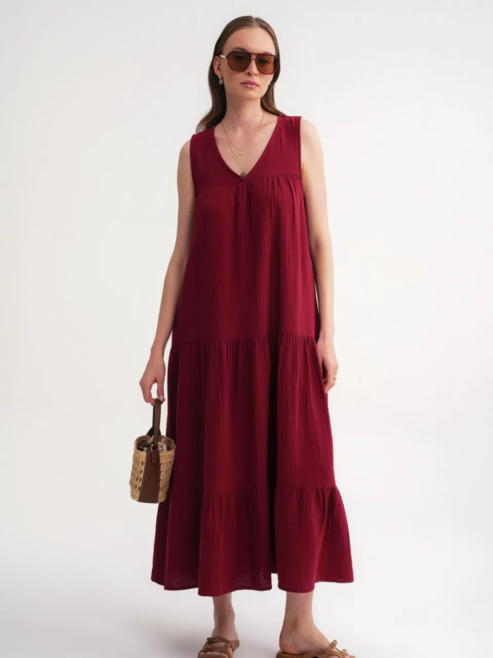 Mixray Mouwloze V-hals Muslin Midi Jurk met Zakken bordeauxrood, foto 2