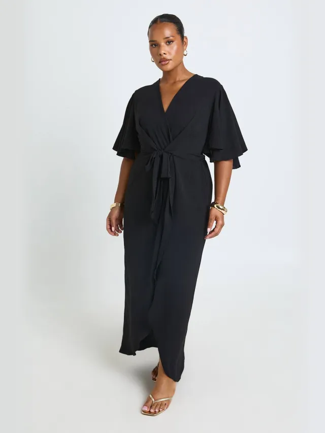 boohoo Dames Plus Maxi Jurk Met Textuur En Strikdetail Zwart