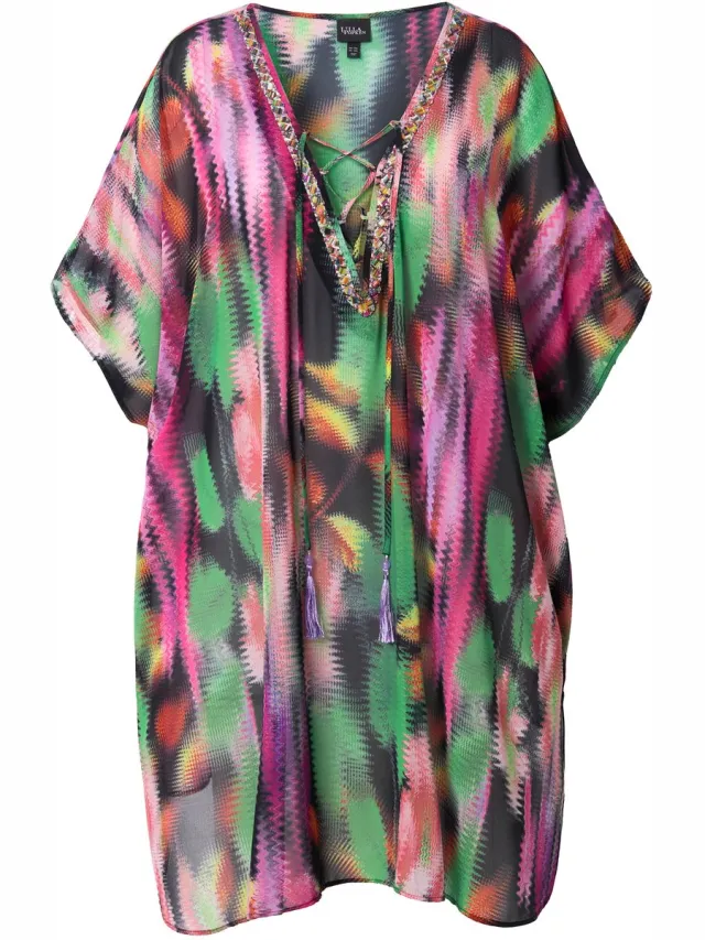 Ulla Popken Dames - Tuniek vetersluiting oversized V-hals korte mouwen - Zwart - Maat 1+