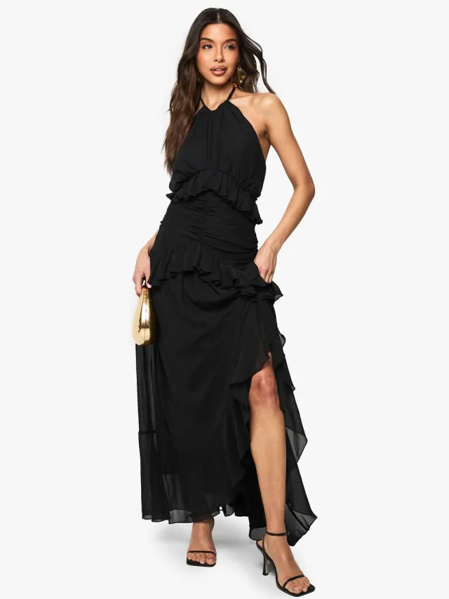 boohoo Dames Maxi-jurk met halternek, chiffon en ruches Zwart