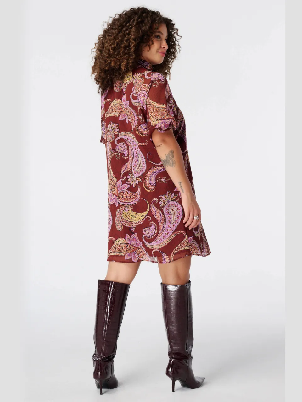 MS Mode Plus Size korte bohemian jurk met ceintuur en paisley - donkerrood/roze, foto 5
