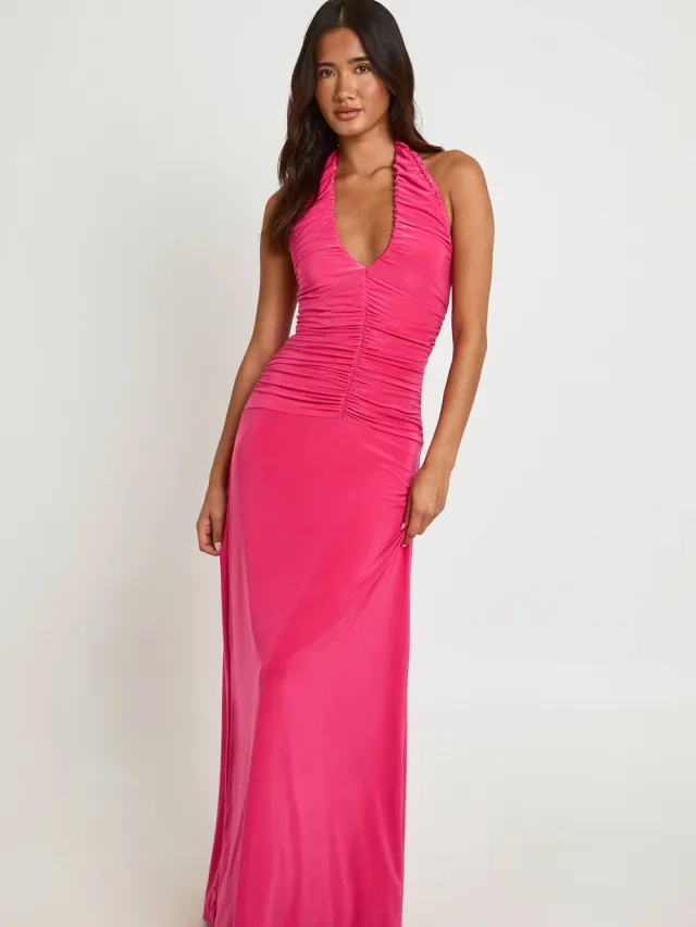 boohoo Dames Dubbele Laag Geplooid Halternek Maxi Jurk Roze