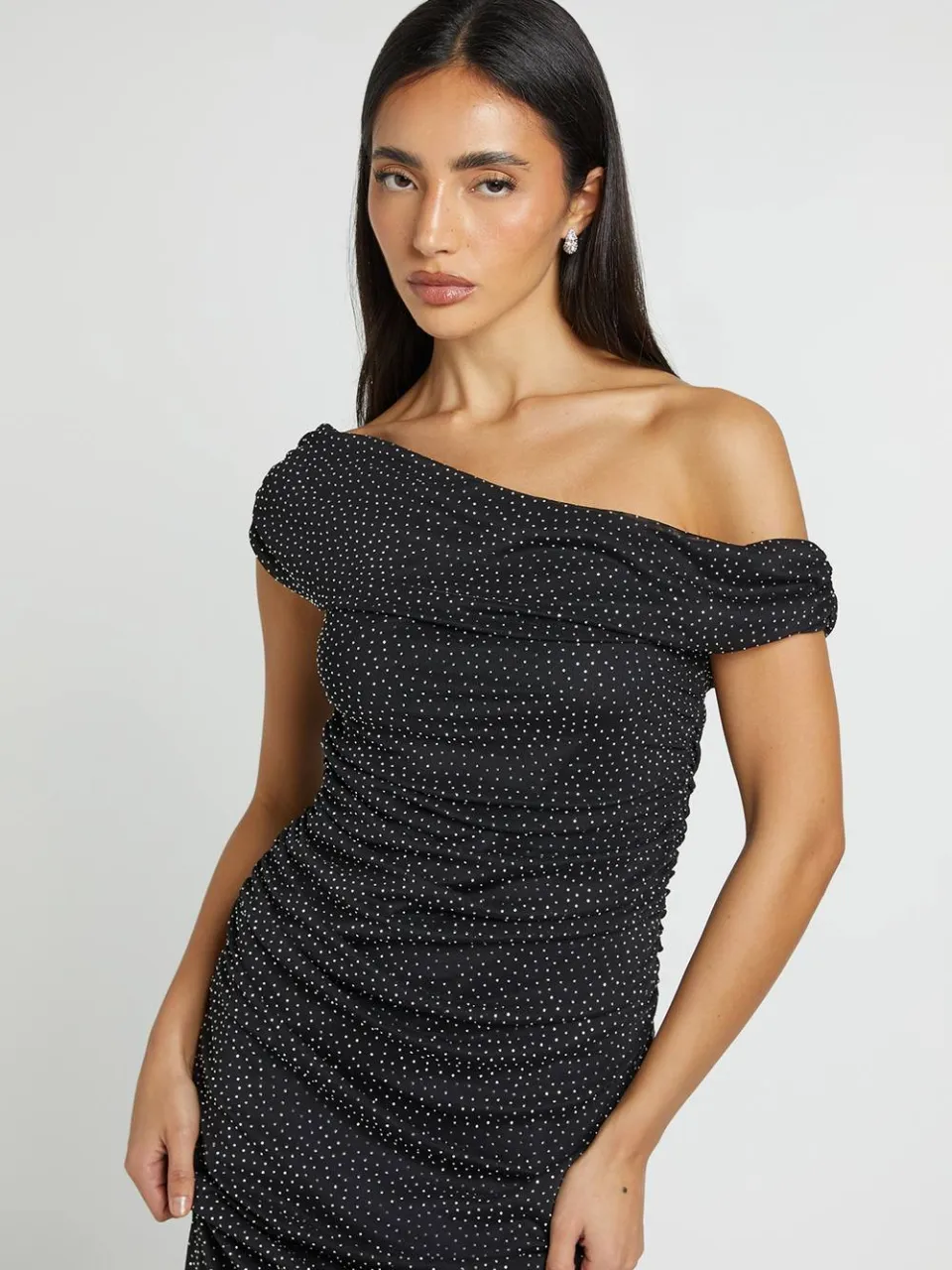 boohoo Dames Maxi-jurk Van Mesh Met Bardot-halslijn En Hotfix-detail Met Plooien zwart, foto 4