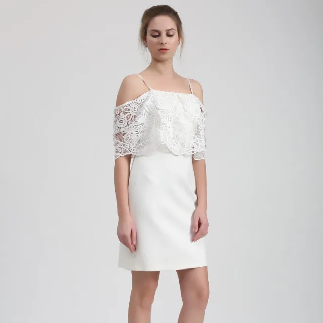 Smart & Joy Bardot mini-jurk met kanten rand en off-shoulder wit, foto 2