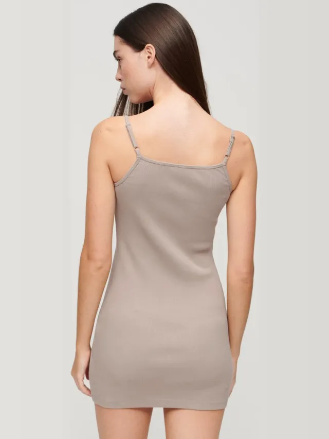 Superdry Geborduurde geribde jurk met bandjes - Dames - Jurken deep beige slub
