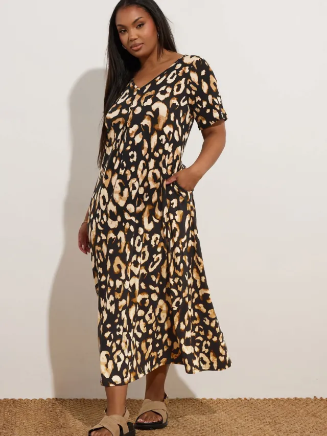 Yours Maxijurk Met Luipaardprint En Korte Mouwen In Zwart/Bruin-68 Black