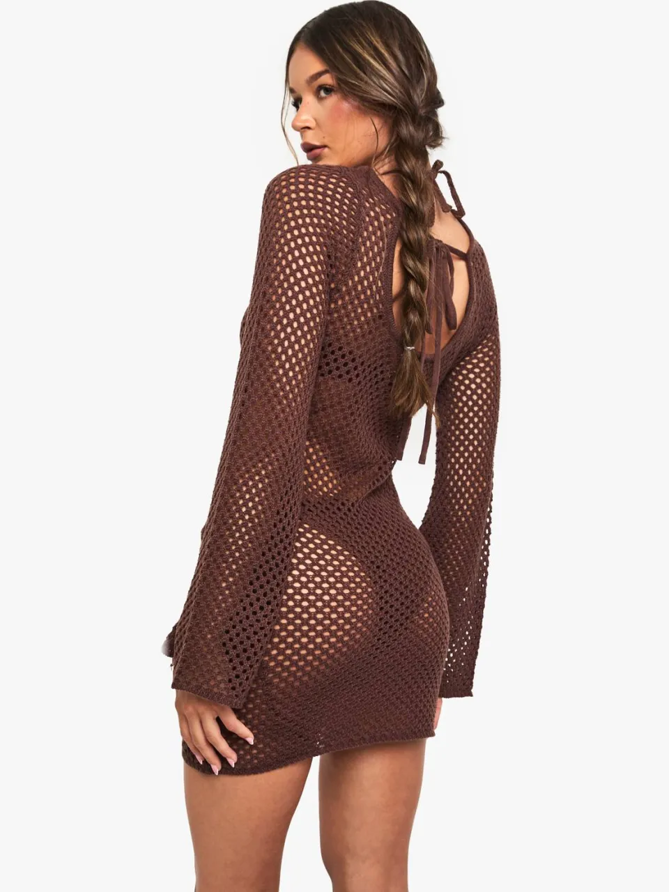boohoo Dames Gehaakte mini-jurk met uitlopende mouwen chocoladebruin, foto 3