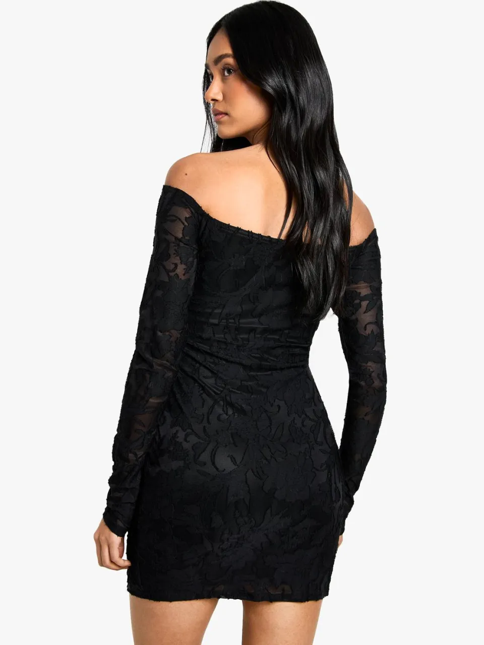 boohoo Dames Tall Burnout Bardot Twist Wrap Mini Jurk zwart, foto 2