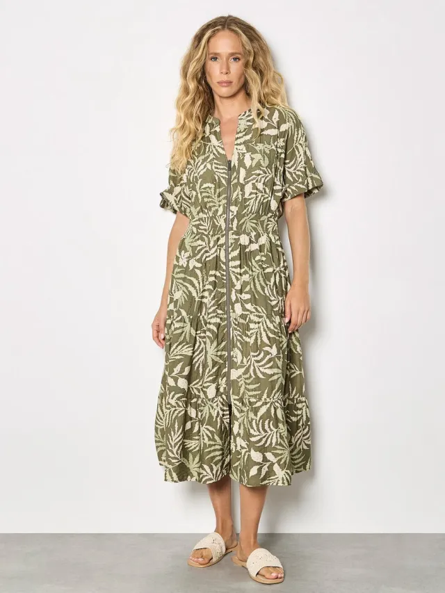 Apricot Midi-jurk met ritssluiting en tropisch bladmotief Kaki