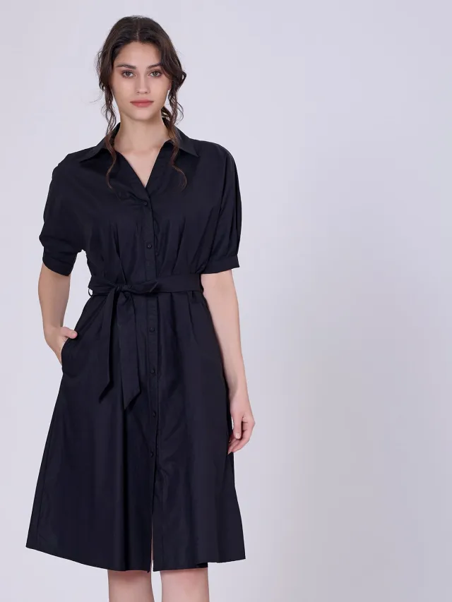 S&J Weekends Katoenen shirtjurk met gezwollen mouwen Zwart
