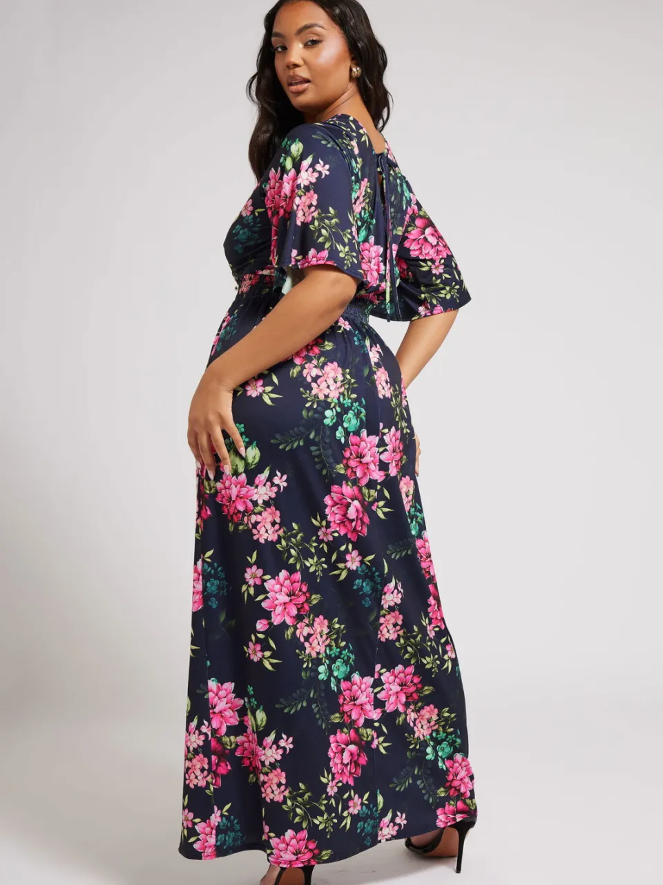 Yours London Maxijurk Met Bloemenmotief, Elastische Taille En Engelmouwen In Donkerblauw blauw, foto 3