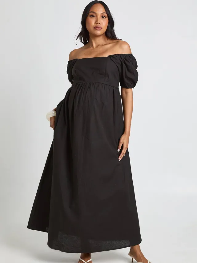 boohoo Dames Zwangerschaps Linnen Pofmouw Gesmockte Maxi Jurk Zwart