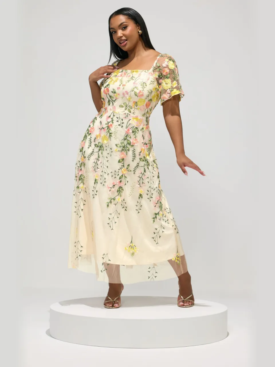 Yours London Gele Maxijurk Met Geborduurde Bloemen Yellow