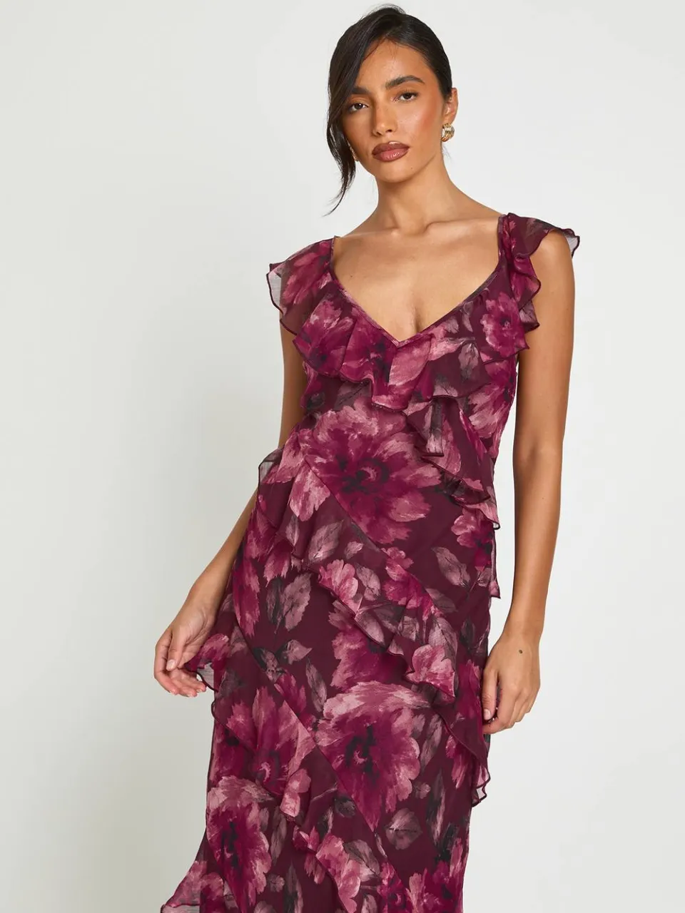 boohoo Dames Chiffon Maxi Jurk Met Ruchedetail En Tonaal Bloemendessin pruim, foto 4