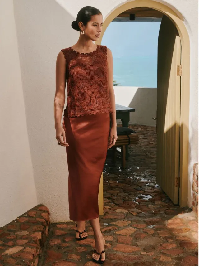 Next Dames - Gehaakte 2-in-1 maxi-jurk zonder mouwen - Bruin Rust Brown