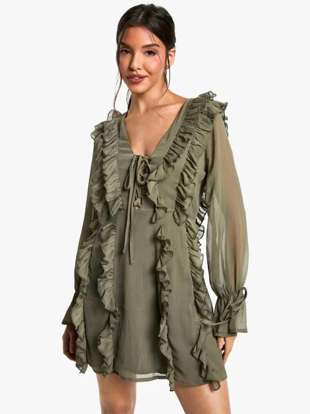 boohoo Dames Crinkle Chiffon Ruffle Shift Jurk Donkere Olijf