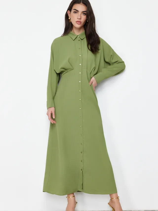Trendyol Modest Dames Kaki Effen Maxi Lang Casual Blousejurk Modest Jurken