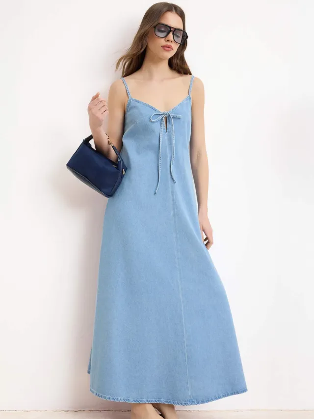 Trendyol TRENDYOLMİLLA Dames Blauw Effen Maxi Mouwloos A-lijn Jurken