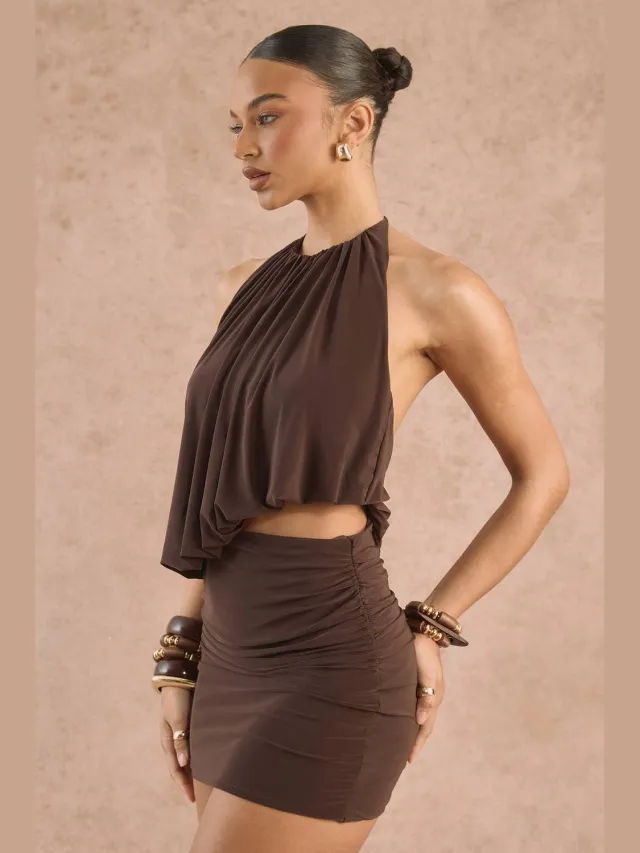 boohoo Dames Halternek Gerimpelde Gedrapeerde Mini Jurk Chocoladebruin